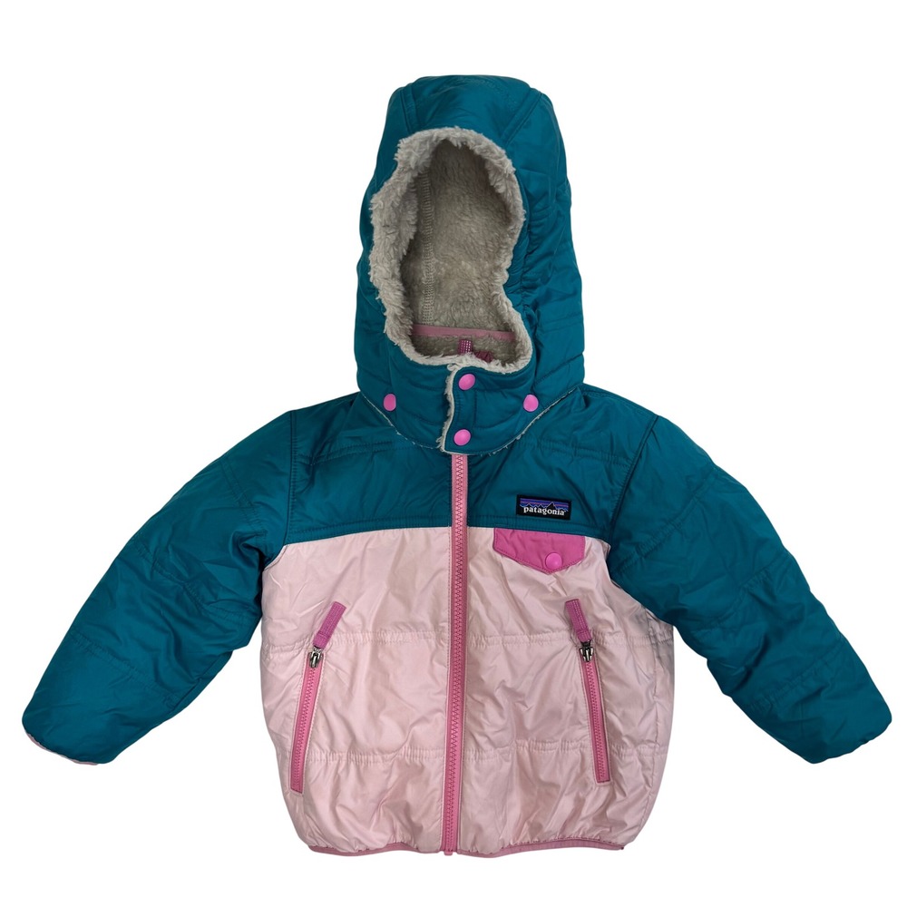 Patagonia Baby Reversible Tribbles Hoody Teal Pink Fleece Jacket 3T